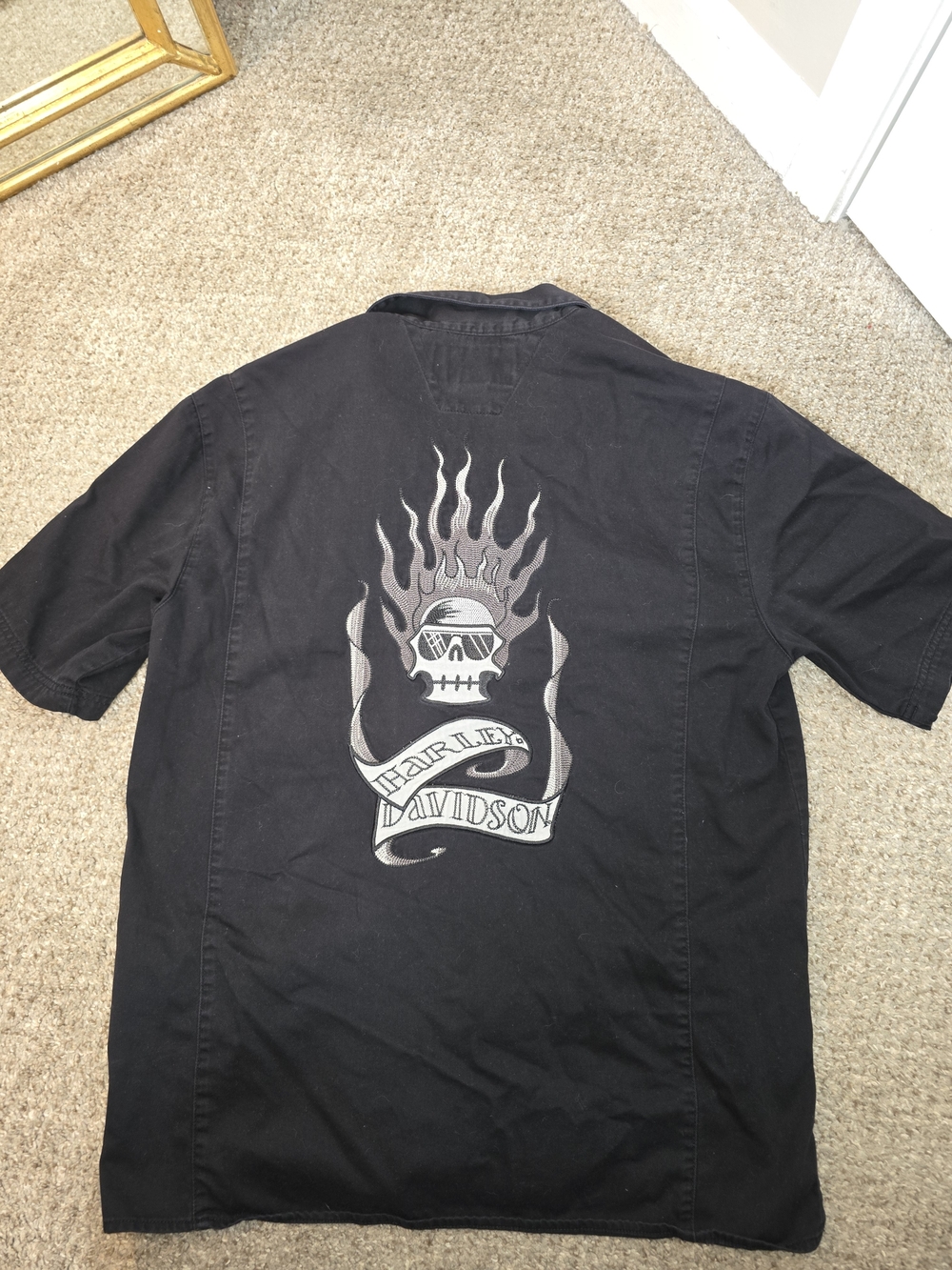 Harley-Davidson Black Short Sleeve Work Shirt with Flame Skull Back Graphic M